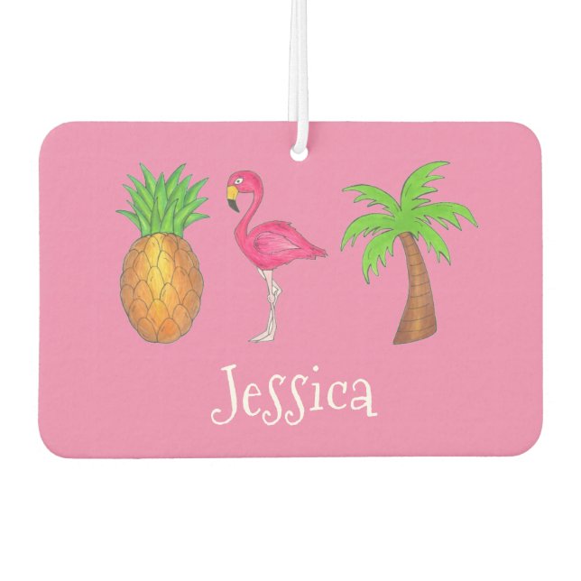 Pink Flamingo Tropical Island Palm Tree Pineapple Car Air Freshener (Front)