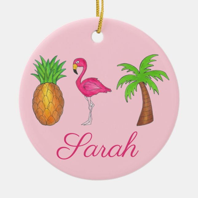 Pink Flamingo Tropical Island Palm Tree Pineapple Ceramic Tree Decoration (Front)
