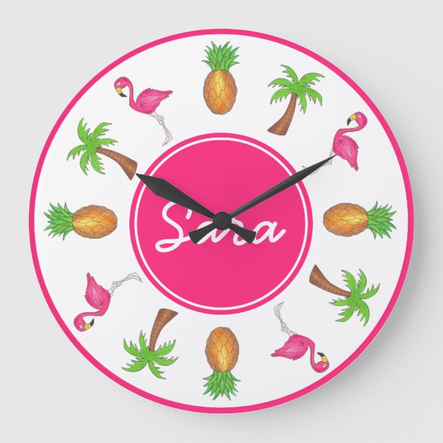 Pink Flamingo Tropical Island Palm Tree Pineapple Large Clock (Front)