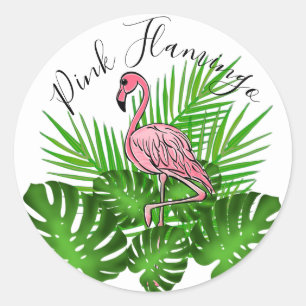 Pink Flamingo, tropical jungle leaves Classic Round Sticker