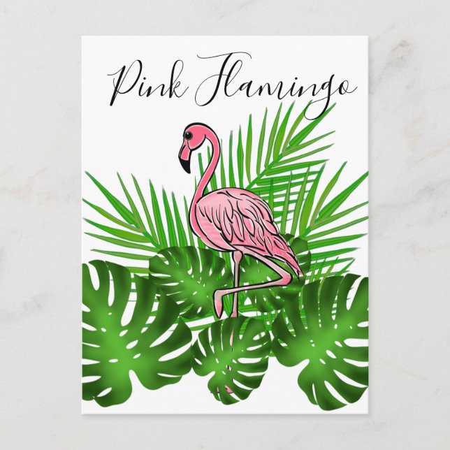 Pink Flamingo, tropical jungle Leaves Postcard (Front)