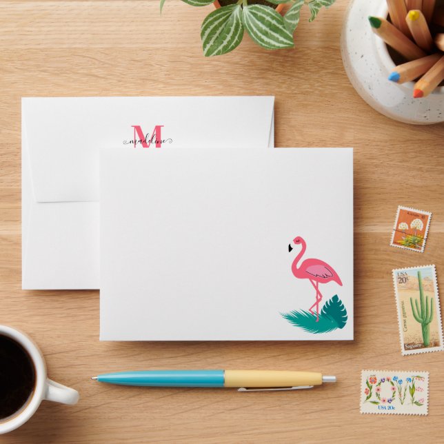 Pink Flamingo Tropical Leaf Monogram Address Envelope (Desk)