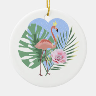 Pink Flamingo tropical leaf palm Ceramic Tree Decoration