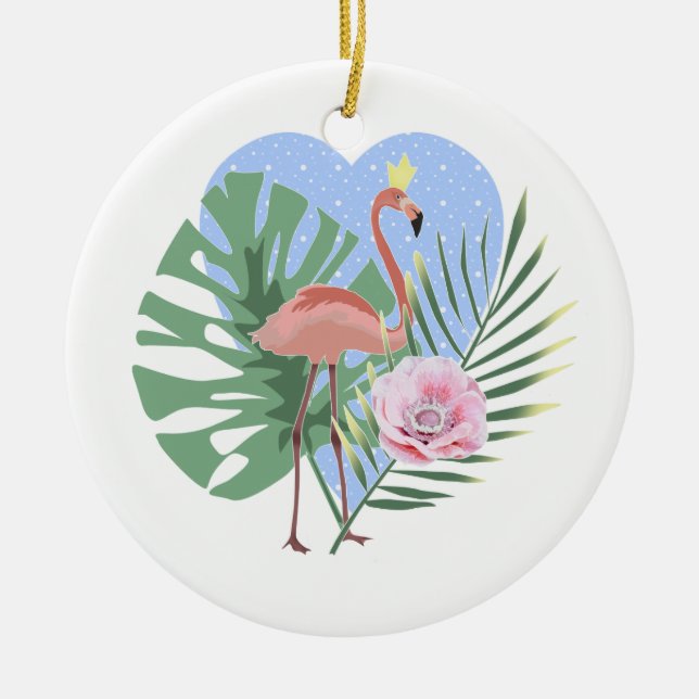 Pink Flamingo tropical leaf palm Ceramic Tree Decoration (Front)
