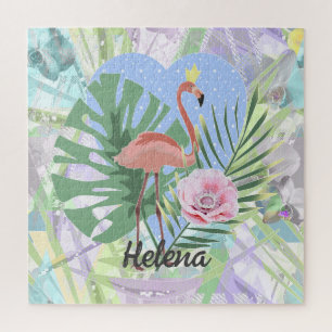 Pink Flamingo tropical leaf palm monstera Jigsaw P Jigsaw Puzzle