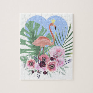 Pink Flamingo tropical leaf palm monstera Jigsaw Puzzle
