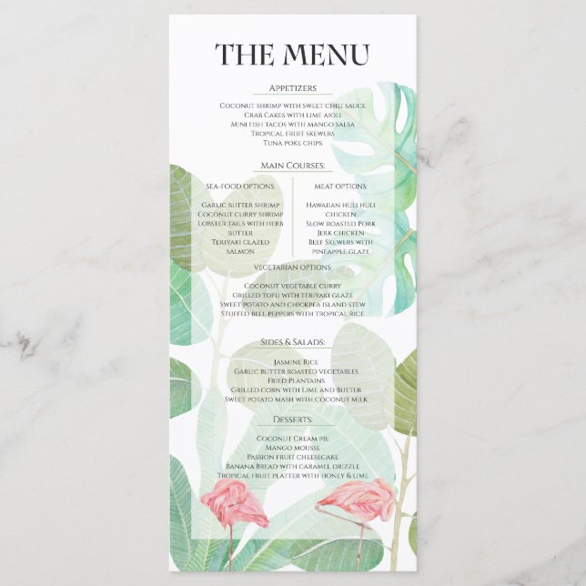 Pink Flamingo,Tropical leaves and flower wedding Menu (Front)