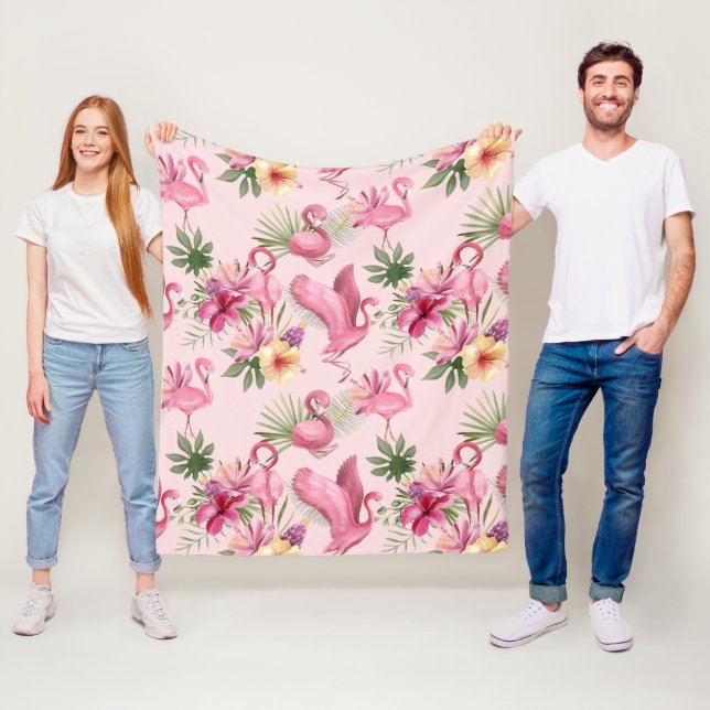 Pink Flamingo Tropical Leaves And Flowers Fleece Blanket (In Situ)