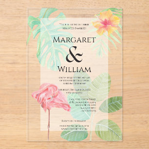 Pink Flamingo, Tropical leaves & floral wedding Acrylic Invitations