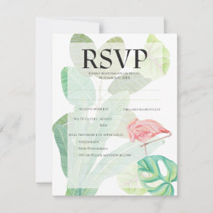 Pink Flamingo, Tropical leaves & flowers RSVP Card