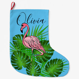Pink Flamingo, tropical Leaves  Large Christmas Stocking