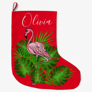 Pink Flamingo, tropical Leaves  Large Christmas Stocking