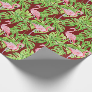 Pink Flamingo Tropical Leaves on Burgundy Wrapping Paper