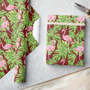 Pink Flamingo Tropical Leaves on Burgundy Wrapping Paper