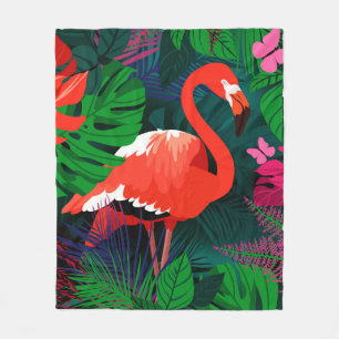 Pink flamingo. Tropical leaves, pink butterfly, Fleece Blanket