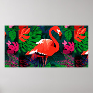 Pink flamingo. Tropical leaves, pink butterfly,  Poster