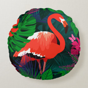 Pink flamingo. Tropical leaves, pink butterfly, Round Cushion