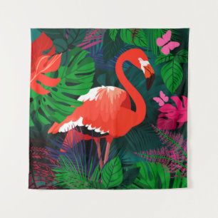 Pink flamingo. Tropical leaves, pink butterfly, Tapestry