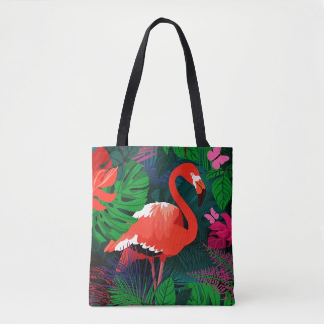 Pink flamingo. Tropical leaves, pink butterfly,  Tote Bag (Front)
