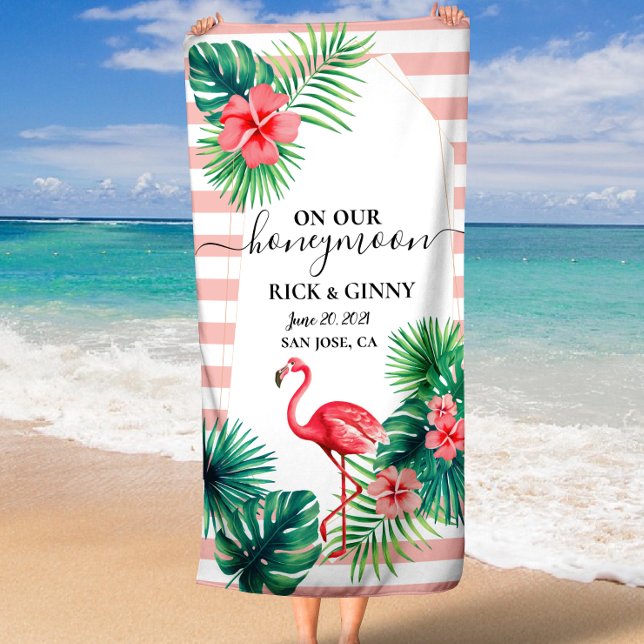 Pink Flamingo Tropical Leaves Stripes Honeymoon Beach Towel (Pink Flamingo Tropical Leaves Stripes Honeymoon Beach Towel)