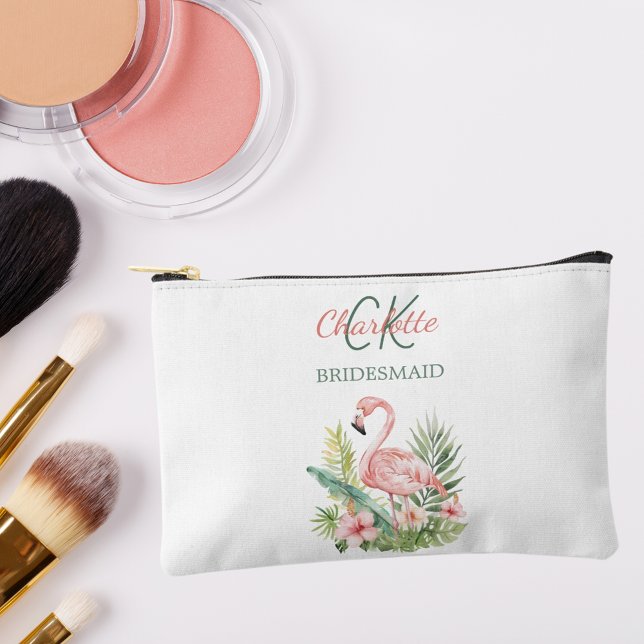 Pink flamingo tropical monogram bridesmaid accessory pouch (Creator Uploaded)