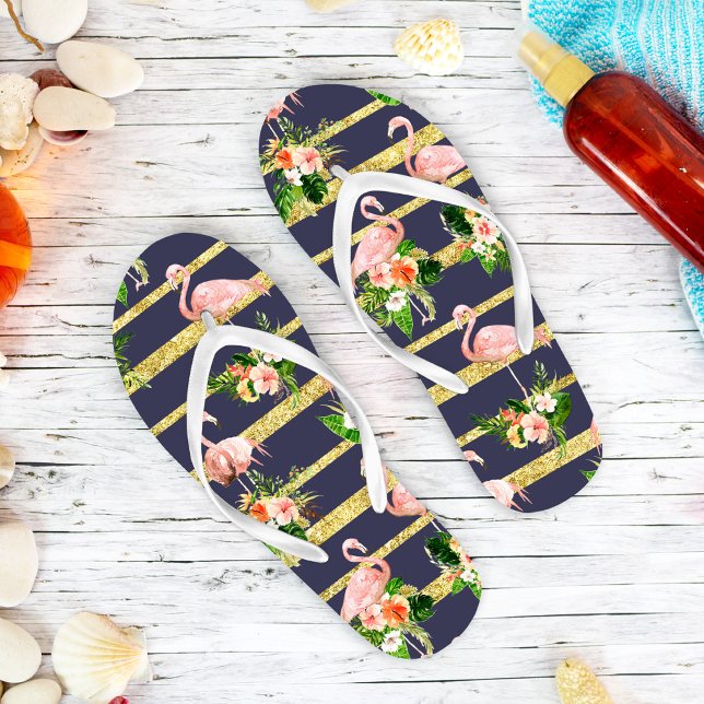 Pink Flamingo Tropical Navy Blue Gold Flip Flops (Creator Uploaded)