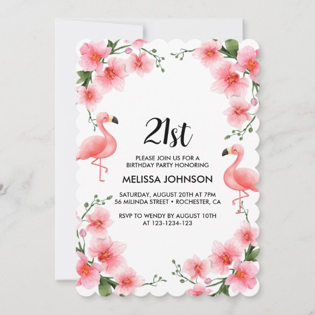 Pink Flamingo Tropical Orchid 21st Birthday Invitation (Front)