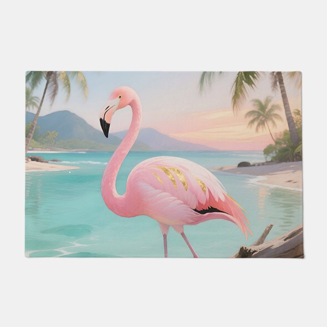 Pink Flamingo Tropical Paradise Doormat (Front)