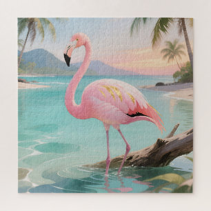 Pink Flamingo Tropical Paradise Jigsaw Puzzle