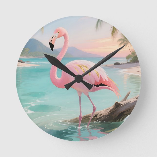 Pink Flamingo Tropical Paradise Round Clock (Front)