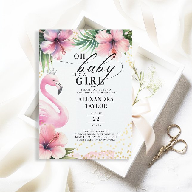 Pink Flamingo Tropical Pink Gold Girl Baby Shower Invitation (flamingo baby girl shower invitation pink tropical greenery palm leaf hibiscus floral its a girl)