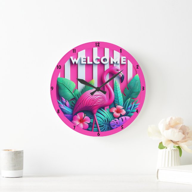 Pink Flamingo Tropical Plants Flowers Accent Large Clock (Home)