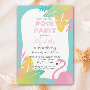 Pink Flamingo Tropical Pool Party Birthday Invitation