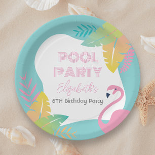Pink Flamingo Tropical Pool Party Birthday Paper Plate