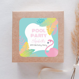 Pink Flamingo Tropical Pool Party Birthday Square Sticker