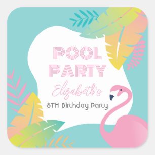 Pink Flamingo Tropical Pool Party Birthday Square Sticker