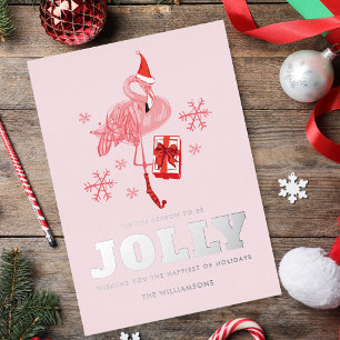 Pink Flamingo Tropical Santa Christmas Foil Holiday Card