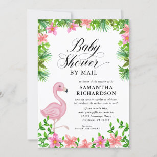 Pink Flamingo Tropical Script Baby Shower by Mail Invitation