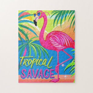 Pink flamingo Tropical standing on one leg Jigsaw Puzzle