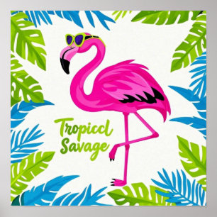 Pink flamingo Tropical  standing on one leg Poster