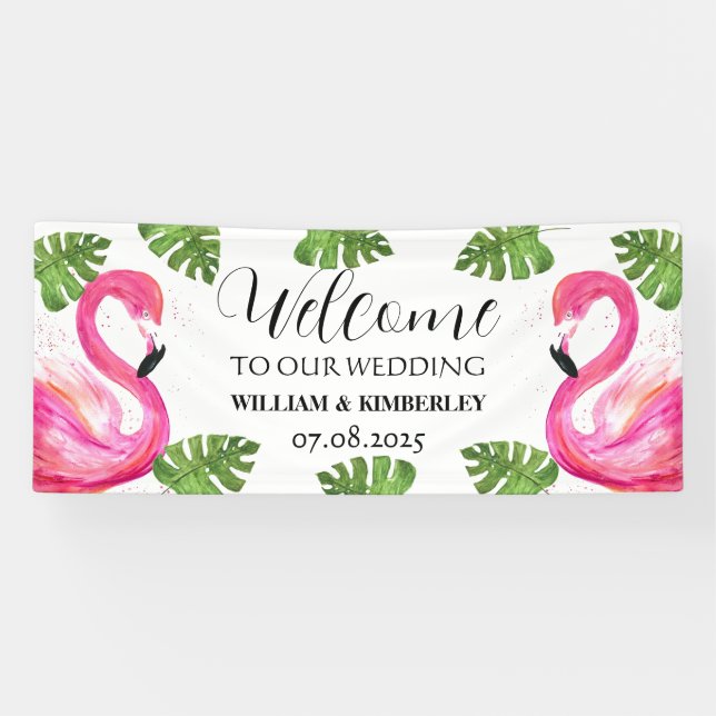 Pink Flamingo Tropical Summer Beach Wedding Banner (Horizontal)