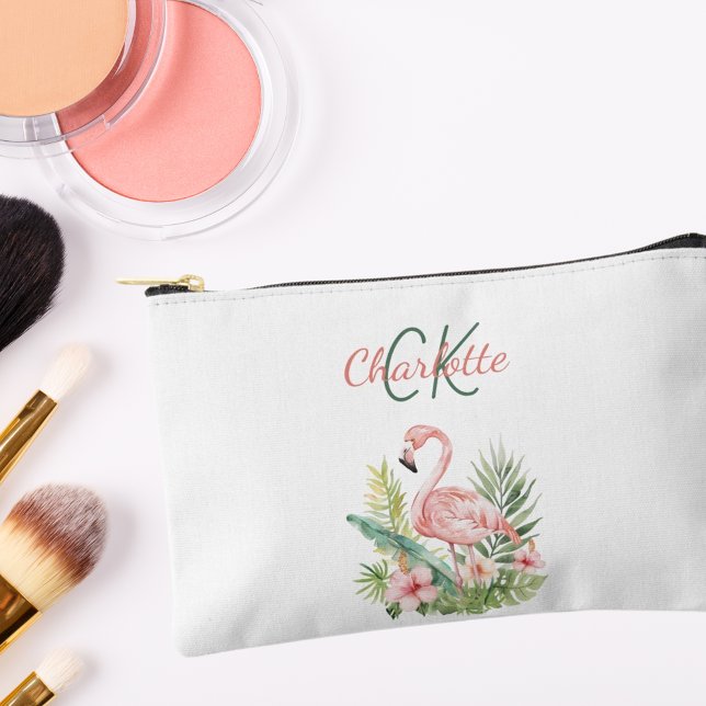 Pink flamingo tropical summer monogram accessory pouch (Creator Uploaded)