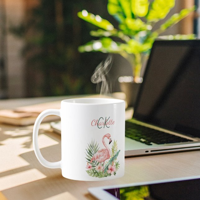 Pink flamingo tropical summer monogram coffee mug (Creator Uploaded)