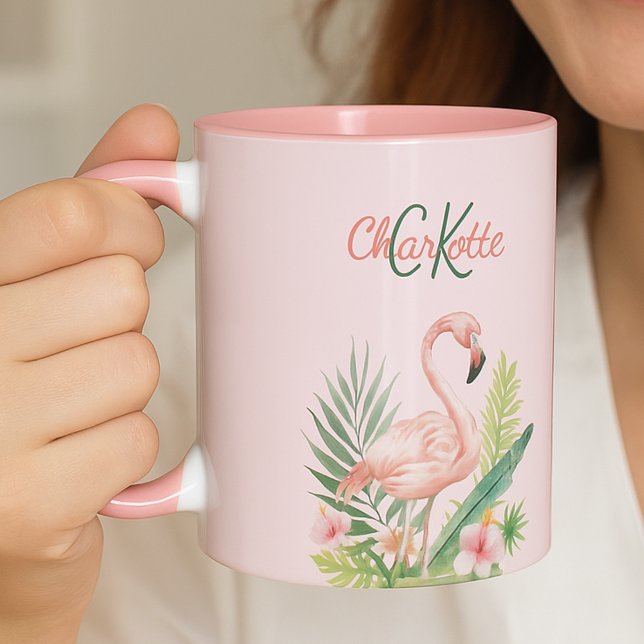 Pink flamingo tropical summer monogram mug (Creator Uploaded)