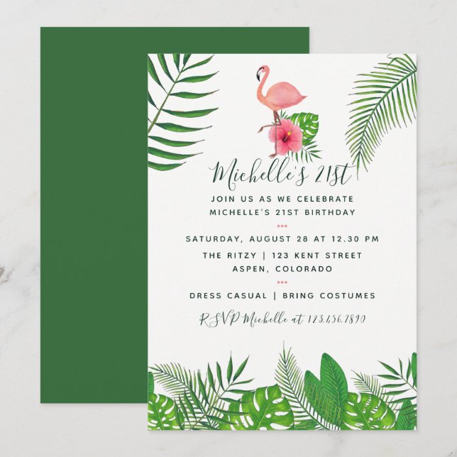 Pink Flamingo Tropical Watercolor 21st Birthday Invitation (Front/Back)