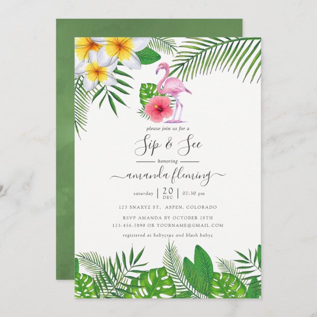 Pink Flamingo Tropical Watercolor Girl Sip and See Invitation (Front/Back)
