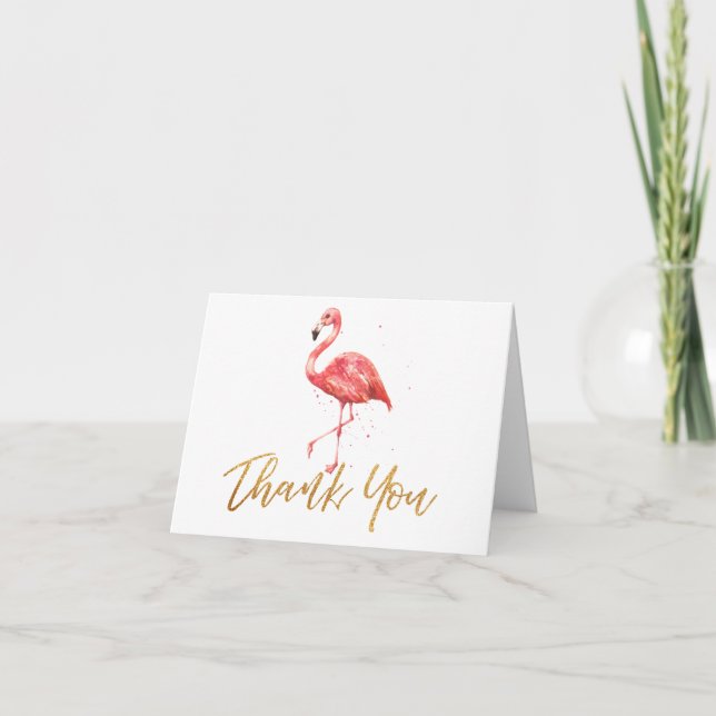 Pink Flamingo Tropical Watercolor Gold Thank You Card (Front)