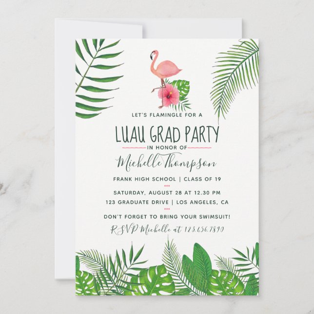 Pink Flamingo Tropical Watercolor Luau Graduation Announcement (Front)