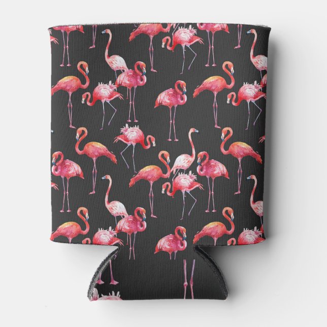 Pink Flamingo: Tropical Watercolor Pattern. Can Cooler (Front)