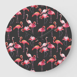 Pink Flamingo: Tropical Watercolor Pattern. Large Clock